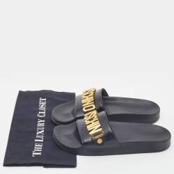 Pre Owned Moschino Black PVC Lettering Pool Slides Size 40