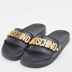 Pre Owned Moschino Black PVC Lettering Pool Slides Size 40