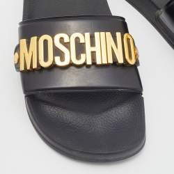 Pre Owned Moschino Black PVC Lettering Pool Slides Size 40