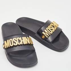 Pre Owned Moschino Black PVC Lettering Pool Slides Size 40