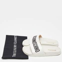 Pre Owned Moschino White Rubber Logo Flat Slides Size 37