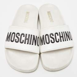 Pre Owned Moschino White Rubber Logo Flat Slides Size 37