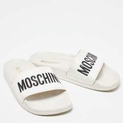Pre Owned Moschino White Rubber Logo Flat Slides Size 37