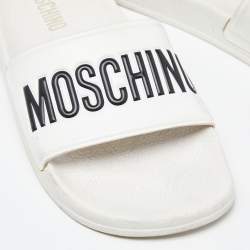 Pre Owned Moschino White Rubber Logo Flat Slides Size 37