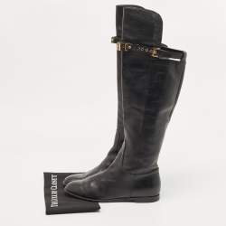 Pre Owned Moschino Black Leather Logo Knee Length Boots Size 39