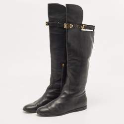 Pre Owned Moschino Black Leather Logo Knee Length Boots Size 39