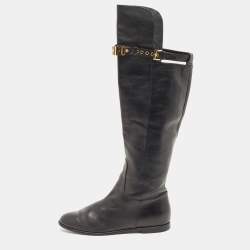 Pre Owned Moschino Black Leather Logo Knee Length Boots Size 39