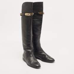 Pre Owned Moschino Black Leather Logo Knee Length Boots Size 39