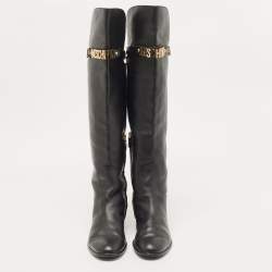 Pre Owned Moschino Black Leather Logo Knee Length Boots Size 39