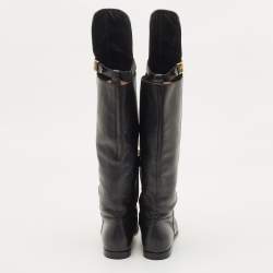 Pre Owned Moschino Black Leather Logo Knee Length Boots Size 39