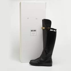 Pre Owned Moschino Black Leather Logo Knee Length Boots Size 37.5