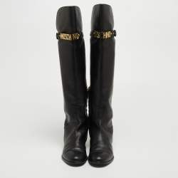 Pre Owned Moschino Black Leather Logo Knee Length Boots Size 37.5