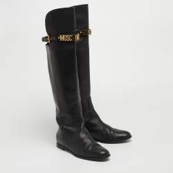 Pre Owned Moschino Black Leather Logo Knee Length Boots Size 37.5