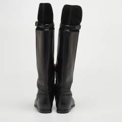 Pre Owned Moschino Black Leather Logo Knee Length Boots Size 37.5