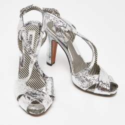 Pre Owned Moschino Silver Crinkled Leather Slingback Sandals Size 38
