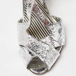 Pre Owned Moschino Silver Crinkled Leather Slingback Sandals Size 38