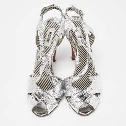 Pre Owned Moschino Silver Crinkled Leather Slingback Sandals Size 38