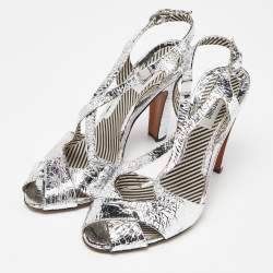 Pre Owned Moschino Silver Crinkled Leather Slingback Sandals Size 38