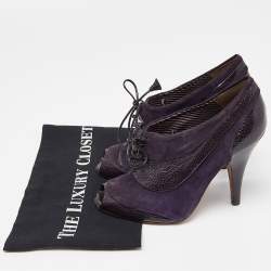 Pre Owned Moschino Purple Suede and Textured Leather Lace Up Peep Toe Ankle Booties Size 37.5