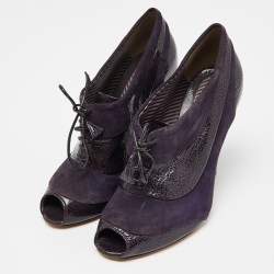 Pre Owned Moschino Purple Suede and Textured Leather Lace Up Peep Toe Ankle Booties Size 37.5