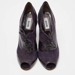 Pre Owned Moschino Purple Suede and Textured Leather Lace Up Peep Toe Ankle Booties Size 37.5