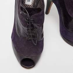 Pre Owned Moschino Purple Suede and Textured Leather Lace Up Peep Toe Ankle Booties Size 37.5