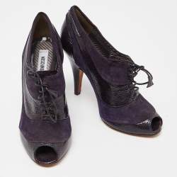 Pre Owned Moschino Purple Suede and Textured Leather Lace Up Peep Toe Ankle Booties Size 37.5