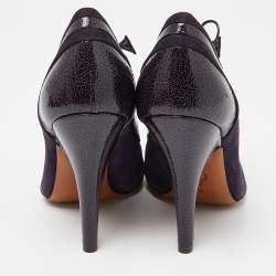 Pre Owned Moschino Purple Suede and Textured Leather Lace Up Peep Toe Ankle Booties Size 37.5