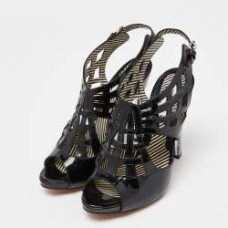 Pre Owned Moschino Black Patent Leather Caged Slingback Sandals Size 38