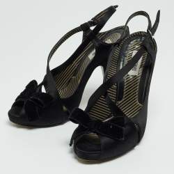 Pre Owned Moschino Black Satin and Velvet Bow Slingback Sandals Size 38.5