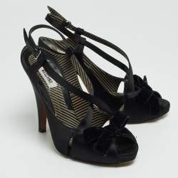 Pre Owned Moschino Black Satin and Velvet Bow Slingback Sandals Size 38.5