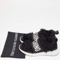 Pre Owned Moschino Black Leather and Faux Fur Logo Slip On Sneakers Size 37