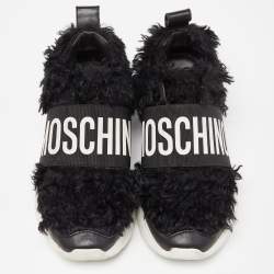 Pre Owned Moschino Black Leather and Faux Fur Logo Slip On Sneakers Size 37