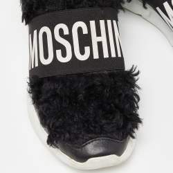 Pre Owned Moschino Black Leather and Faux Fur Logo Slip On Sneakers Size 37