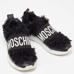 Pre Owned Moschino Black Leather and Faux Fur Logo Slip On Sneakers Size 37