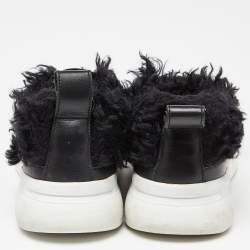 Pre Owned Moschino Black Leather and Faux Fur Logo Slip On Sneakers Size 37
