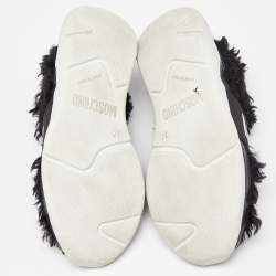 Pre Owned Moschino Black Leather and Faux Fur Logo Slip On Sneakers Size 37