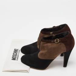 Moschino Brown/Black Suede Buckle Detail Platform Ankle Booties Size 39.5