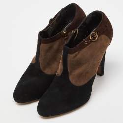 Moschino Brown/Black Suede Buckle Detail Platform Ankle Booties Size 39.5