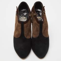 Moschino Brown/Black Suede Buckle Detail Platform Ankle Booties Size 39.5