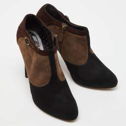Moschino Brown/Black Suede Buckle Detail Platform Ankle Booties Size 39.5