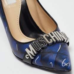 Moschino Blue Printed Leather Logo Buckle Pointed Toe Pumps Size 36