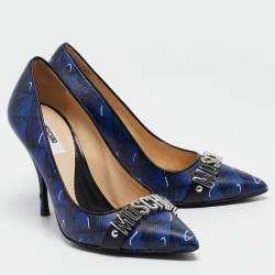 Moschino Blue Printed Leather Logo Buckle Pointed Toe Pumps Size 36