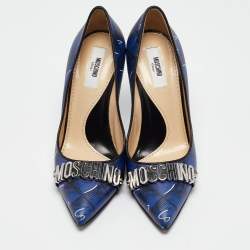 Moschino Blue Printed Leather Logo Buckle Pointed Toe Pumps Size 36