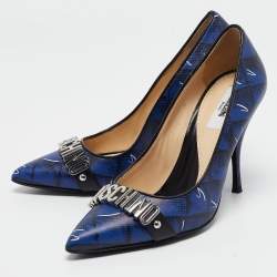 Moschino Blue Printed Leather Logo Buckle Pointed Toe Pumps Size 36