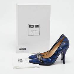 Moschino Blue Printed Leather Logo Buckle Pointed Toe Pumps Size 36