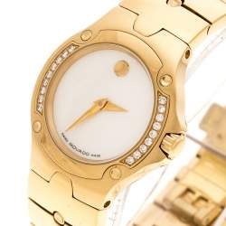 Pre Owned Movado White Mother of Pearl Yellow Gold Plated Steel Diamonds Sports Edition 88G41851S Women's Wristwatch 27 mm