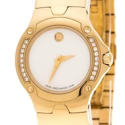 Pre Owned Movado White Mother of Pearl Yellow Gold Plated Steel Diamonds Sports Edition 88G41851S Women's Wristwatch 27 mm