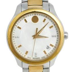 Pre Owned Movado Mother of Pearl Diamond Two Tone Stainless Steel Bellina 606979 Women's Wristwatch 36 mm