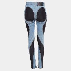 Pre Owned Mugler Blue Denim and Jersey Zip NI-Material Detail Jeans M Waist 28"